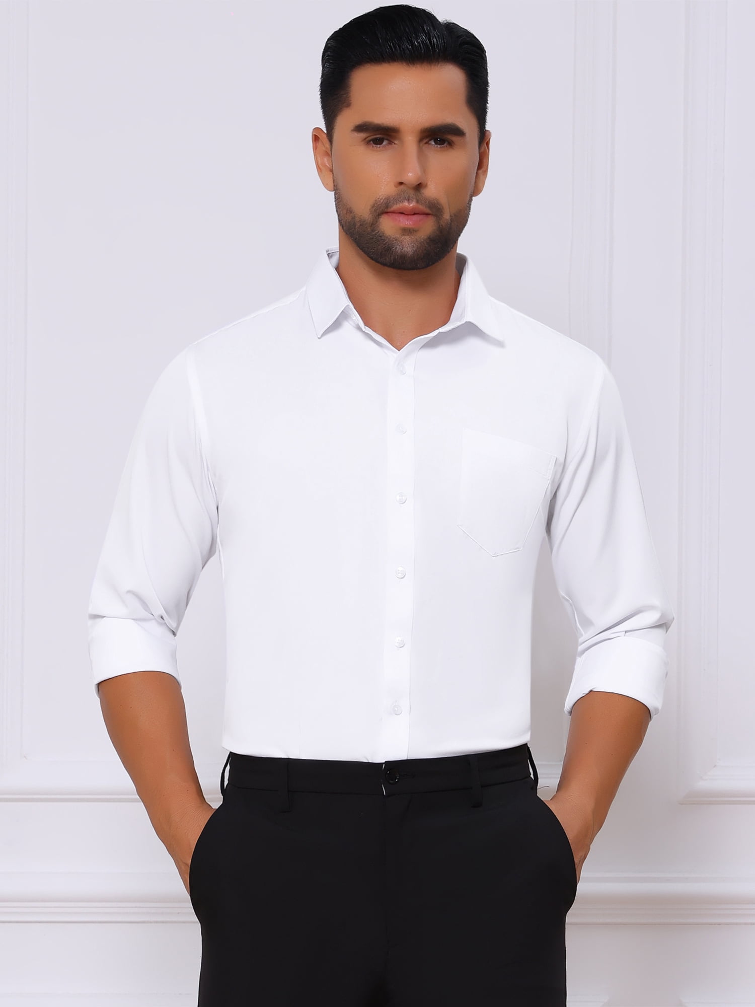 DARING DIVA Men's Point Collar Button Long Sleeve Business Shirts L White