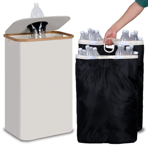 Recycling Bin 100L, 26 Gallon Recycle Bins for Kitchen Indoor Outdoor Home with 2 Removeable and Reusable Inner Bag, Tall Recycle bin for Bottle Can Plastice Stickers (Beige)