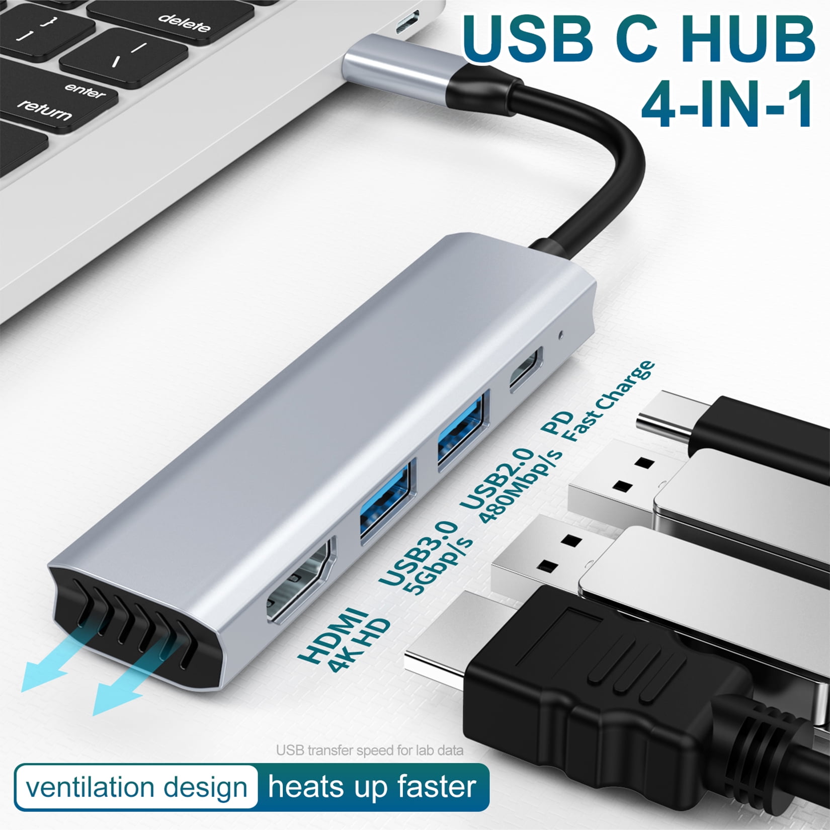 USB C Hub Multiport Adapter,4 in 1 Dongle Hub,USB 3.1 C to 1xHDMI,1xUSB3.0,1xUSB2.0,1x100W PD Fast Charging,Support 4K@30HZ,1080P@60HZ,5Gbps Compatiblefor MacBook,iPad,HP,Dell,Surface,Other Devices