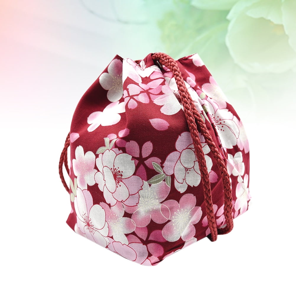 OUNONA Japanese Style Drawstring Bag Portable Lightweight Cherry Blossom  Pattern Drawstring Pouch Coin Purse Cosmetic Bag (Wine Red) 