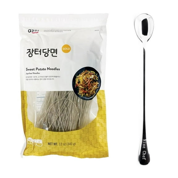 NineChef Bundle - Assi Glass Noodles Korean Vermicelli Dangmyun Sweet Potato Noodles Japchae Noodles (12 Ounces)   1 NineChef Brand Long Handle Spoon