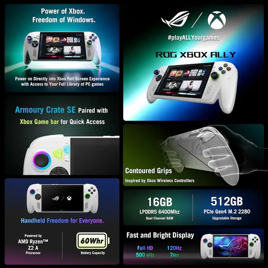 ASUS ROG Xbox Ally 7" FHD Gaming Handheld Console, 120Hz IPS LED Touch Screen, AMD Ryzen Z2 A Processor, 16GB with 1TB SSD, Windows 11, with 5ave 3-in-1 Kit