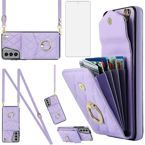 Phone Case for Samsung Galaxy S21 5G 6.2 inch Wallet Cover with Tempered Glass Screen Protector and Wrist Strap Ring Stand RFID Blocking Credit Card Holder Cell S 21 21S G5 Women Girls Purple