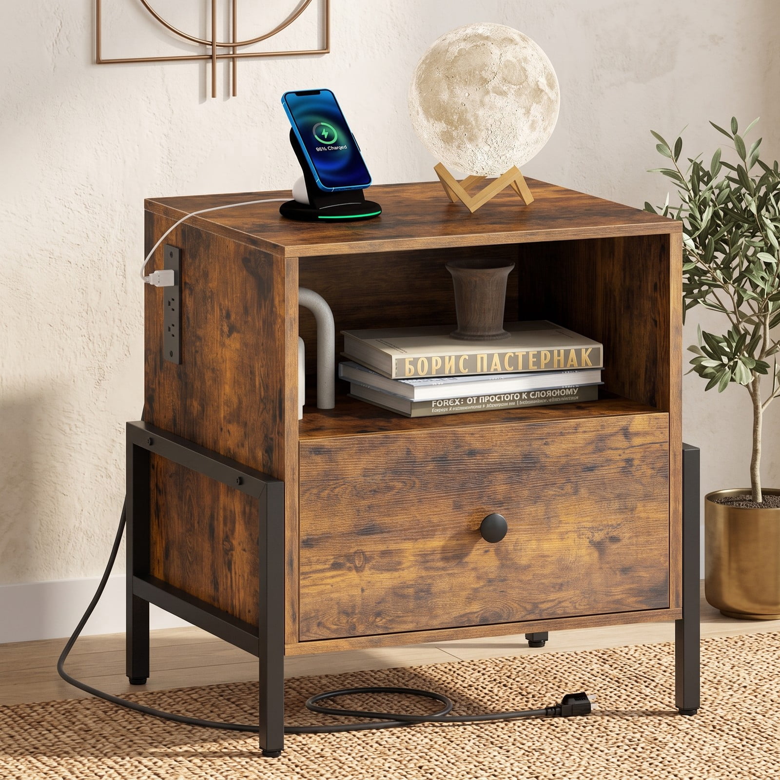 Furnibear Industrial Nightstand with Charging Station and Drawer, Sofa Side Table with Open Compartment and Metal Frame for Bedroom, Rustic Brown