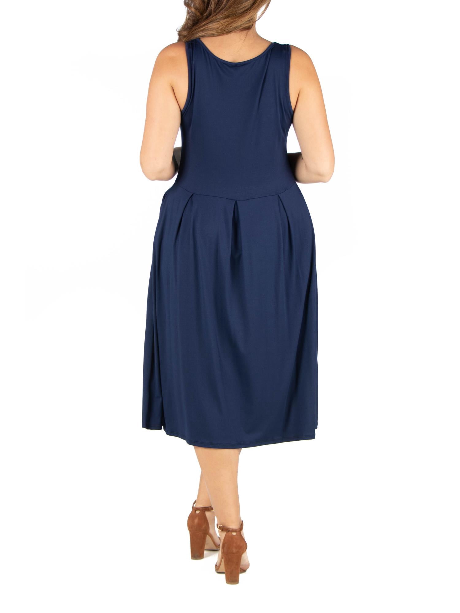 24seven Comfort Apparel Plus Size Sleeveless Midi Fit and Flare Pocket Dress