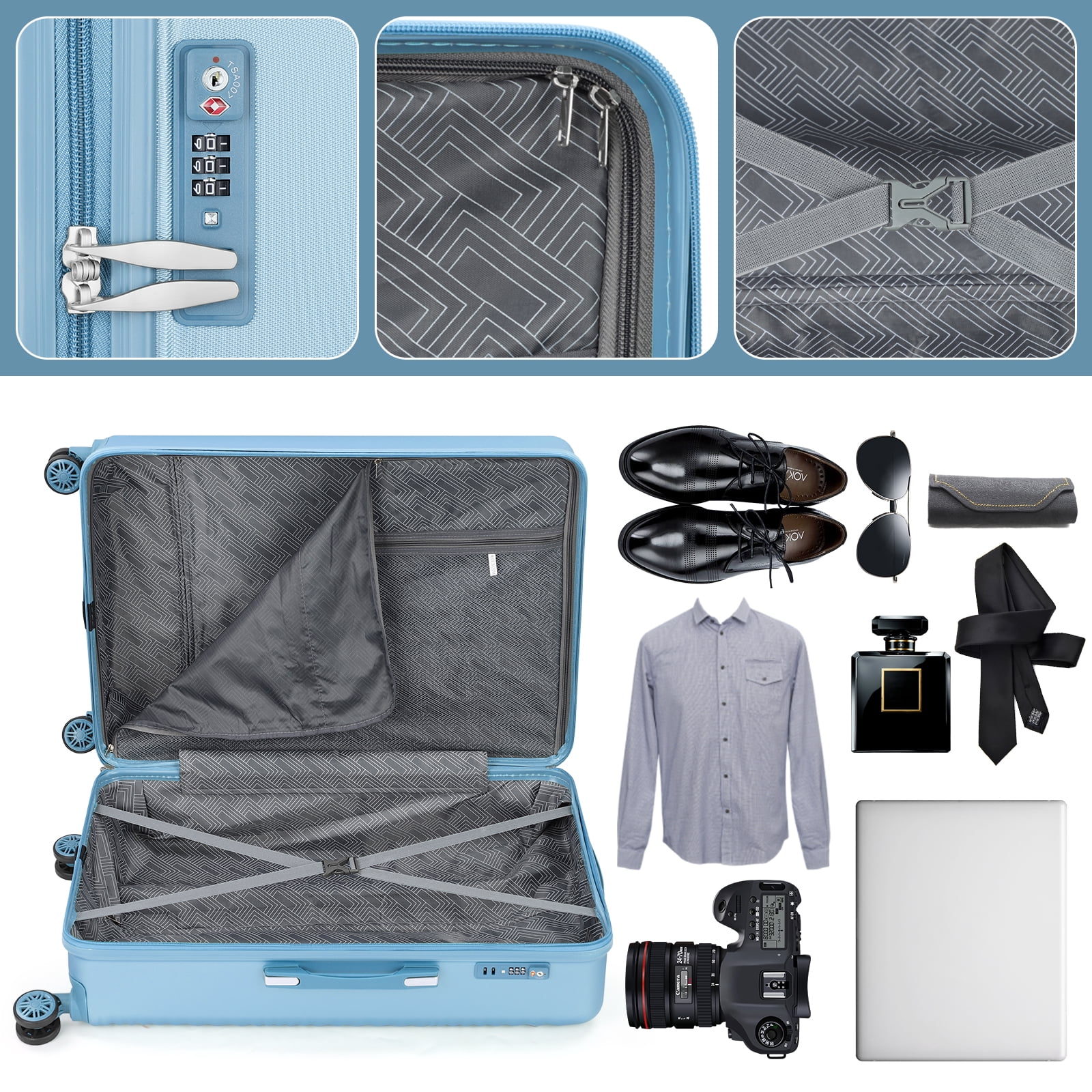 Luggage 3-Pieces Set ABS Durable Suitcase Blue 20"24"28"