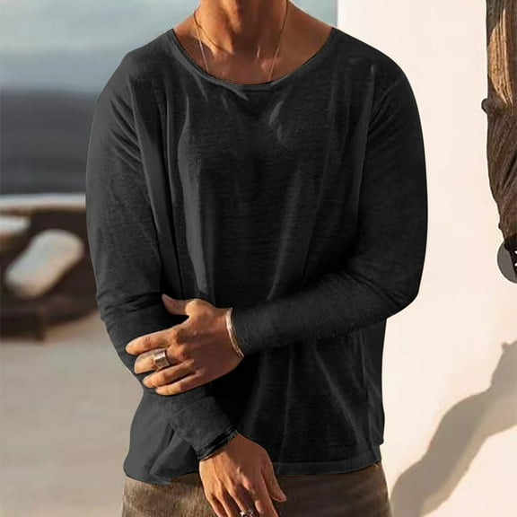 QUINDOS Mens Shirts,Mens Fall And Winter Fashion Casual Round Neck Long Sleeve Pullover Breathable Loose Work Tee Shirts