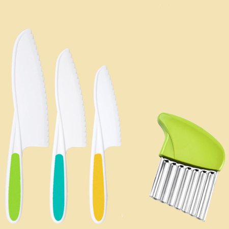 

Happon Set of 4 Kids Kitchen Knife Set Safe Fruit Toddler Knives for Real Cooking Serrated Edges Toddler Knife with Crinkle Cutter