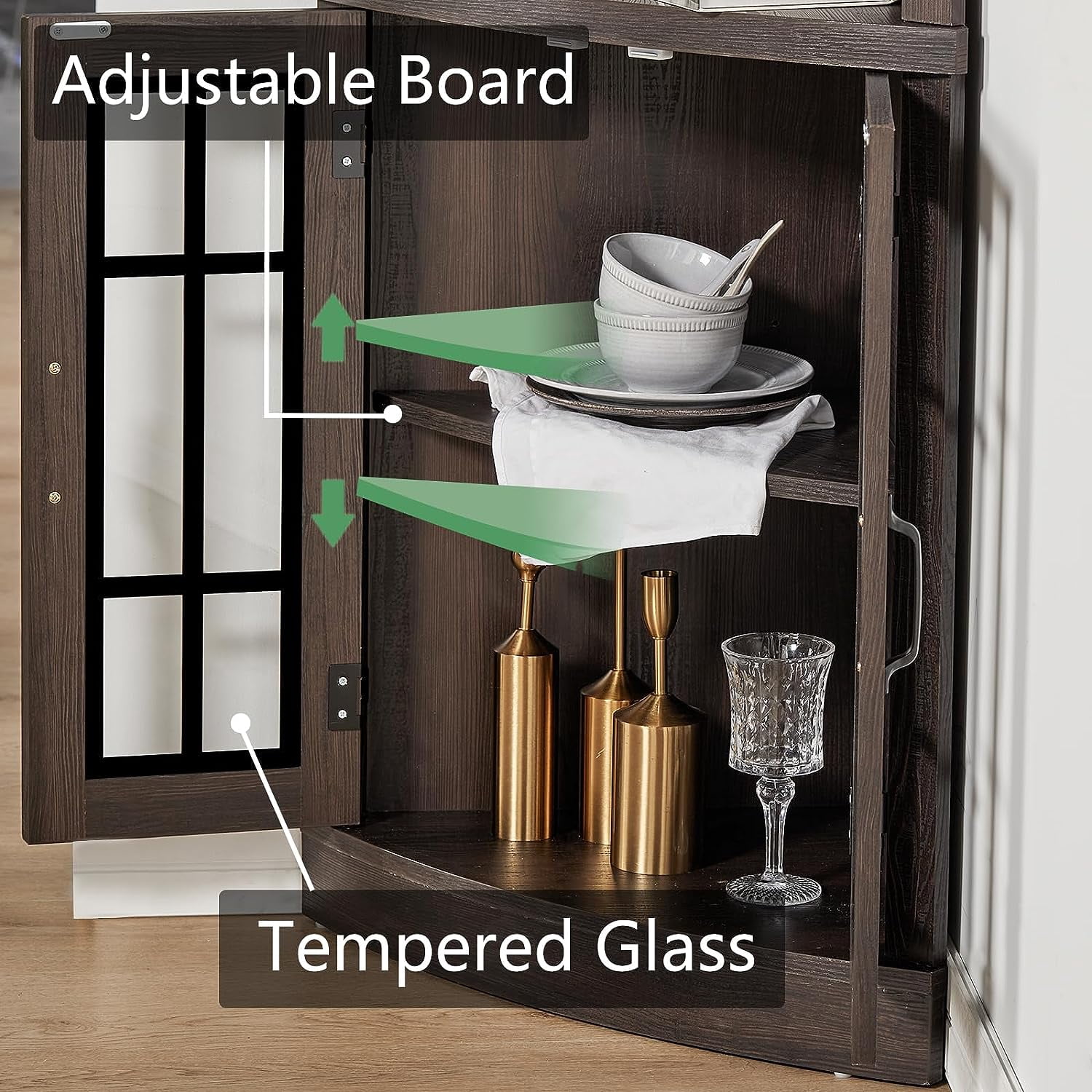 Merluxy Curved Corner Storage Cabinet, 65" Bookcase with Doors & Shelves, Living Room, Espresso