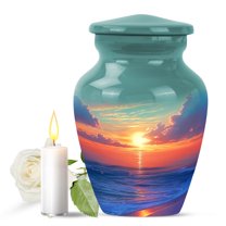 JAGASY Beach Miniature Urn for Mother, Green Urns for Human Ashes Keepsake, Ocean Sunset Orange Clouds Decorative Urns for Parents, Yellow Memorial Urn for Father, (3 Inch)
