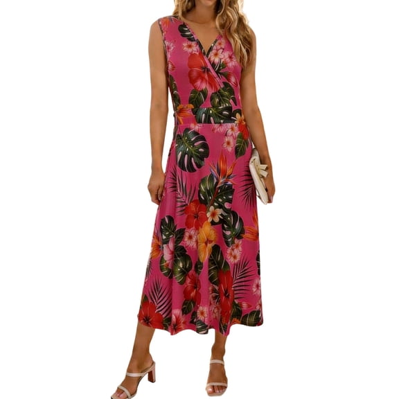 High Waisted Midi Dresses for Women Floral Print Summer Beach Sundress V Neck Cross Wrap Sleeveless Dress Tummy Control Loose Fit Casual Dress 2026 Travel Vacation Outfits