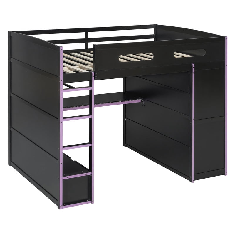 Full Size Wooden Loft Bed with Desk, Wardrobe and Storage Shelves, Gaming Loft Bed Frame with RGB LED Light, USB Charging Port and Built-In Workstation for Bedroom