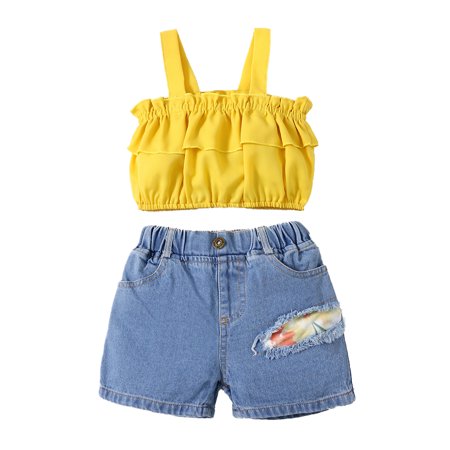 

Kucnuzki 3 Months Baby Girl Summer Outfits Shorts Sets 6 Months Sling Solid Color Camisole Tops Elastic Cozy Denim Shorts 2PCS Set Yellow