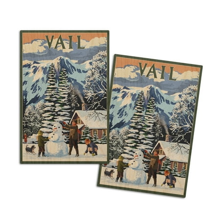 

Vail Colorado Snowman Scene (4x6 Birch Wood Postcards 2-Pack Stationary Rustic Home Wall Decor)