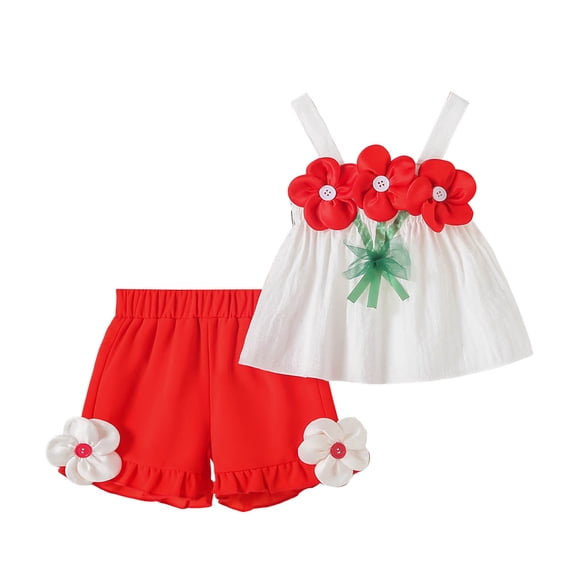 Splozh Ensembles d'Été pour Filles Bébé Fille Ensemble Confortable et Respirant Haut Sans Manches à Fleurs Doux Short Ensemble Deux Pièces Rouge,12-18 Mois
