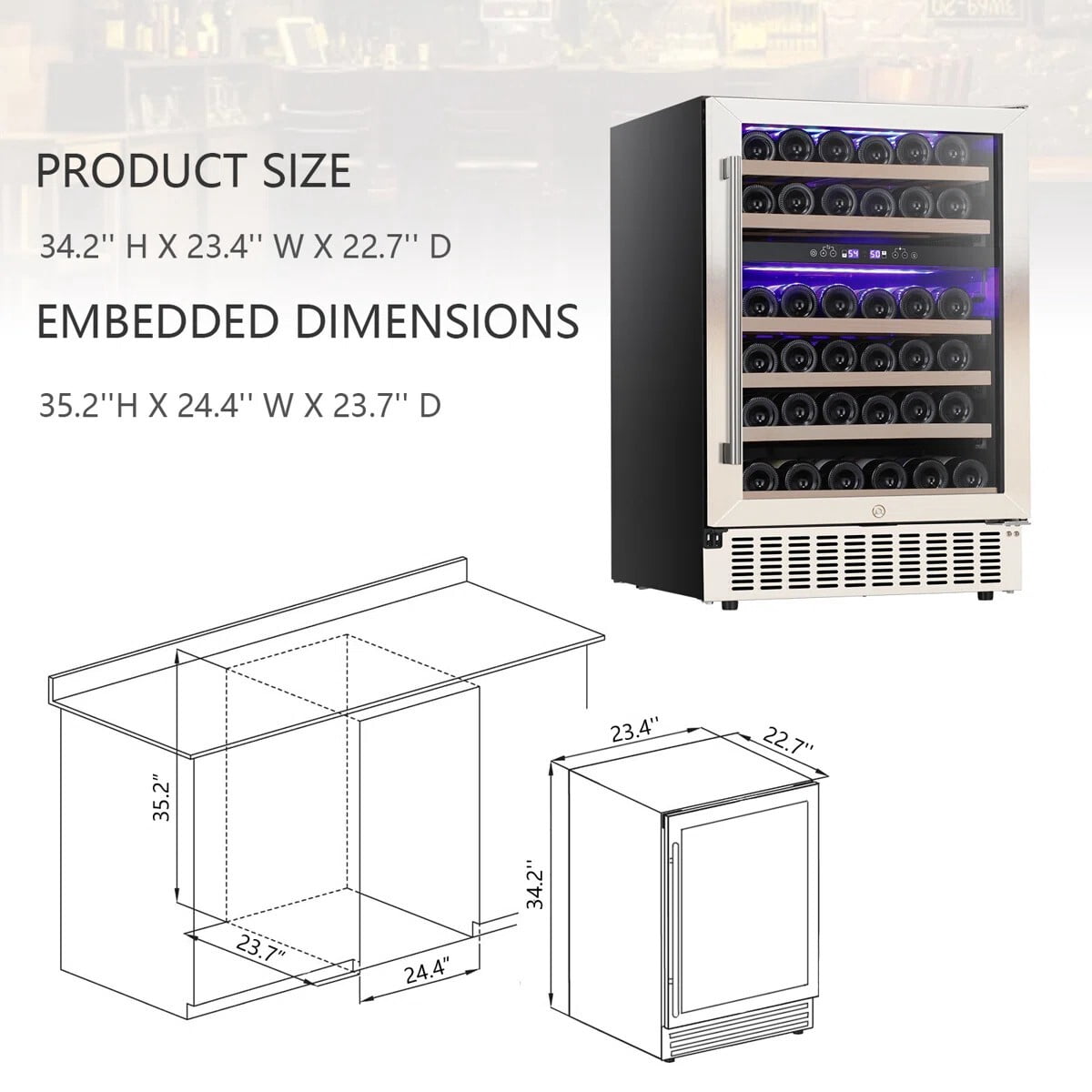 Auseo 24 inch Dual Zone Wine Cooler Refrigerator, 46 Bottle 156 Can Built-in Wine Fridge with Touch Control & Safety Lock，for Home or Office
