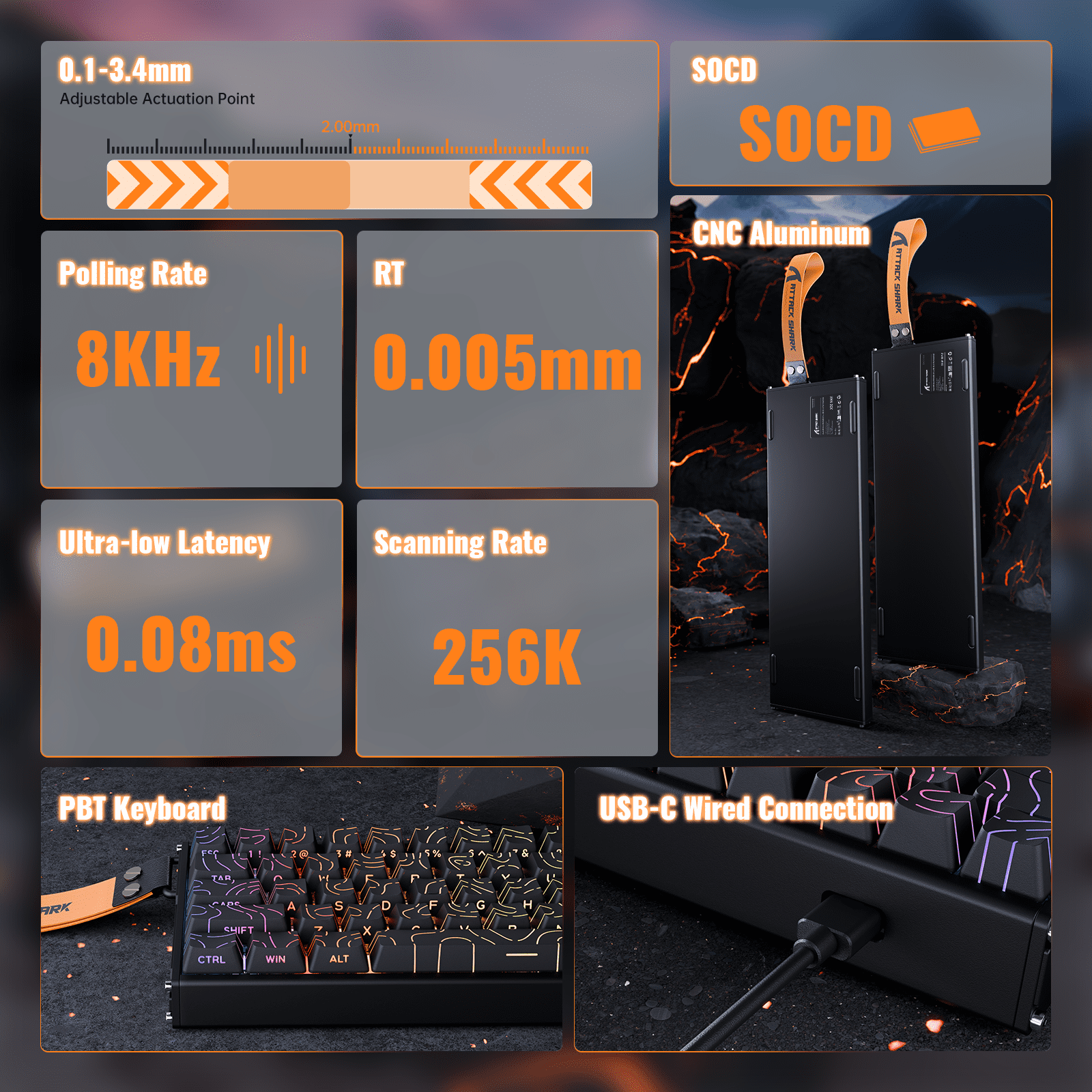 ATTACK SHARK X68 MAX 60% Wired Mechanical Gaming Keyboard, Aluminum Alloy Case, Rapid Trigger, Hall Effect Magnetic Switches, 8KHz Polling Rate, RGB Backlit, PC/Mac Compatible, Black Contours