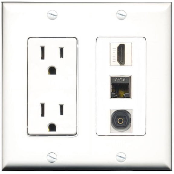 RiteAV - 15 Amp Power Outlet 1 Port HDMI 1 Port Shielded Cat6 Ethernet Ethernet 1 Port Toslink Decorative Wall Plate