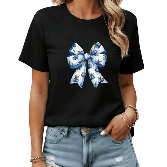 Black Print Tshirt Graphic Tees Sweet Blueberry Bow Design Trendy Shirts S-5XL Tops