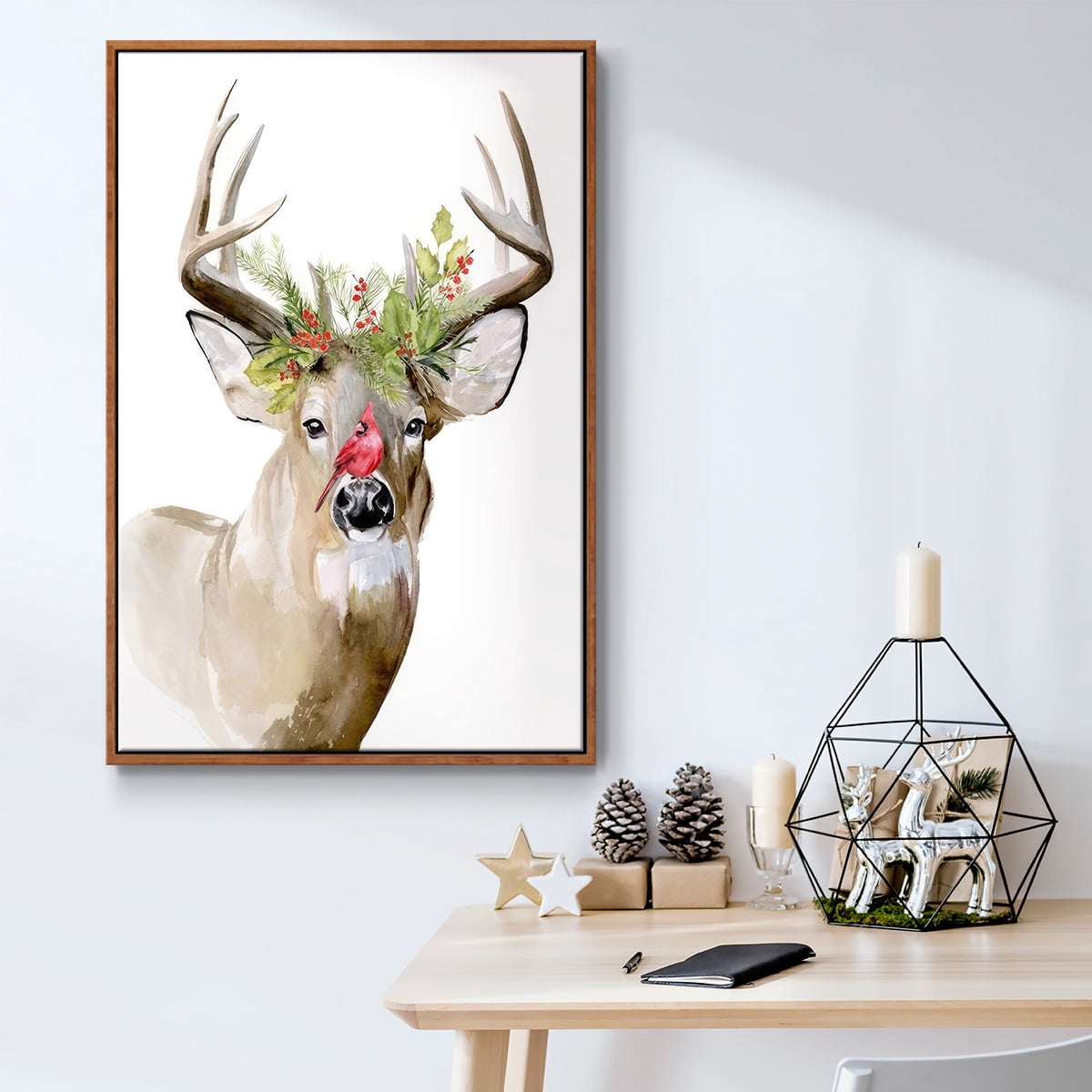 Holiday Deer II - Framed Gallery Wrapped Holiday Canvas - 25 x 37 - Rosewood Frame