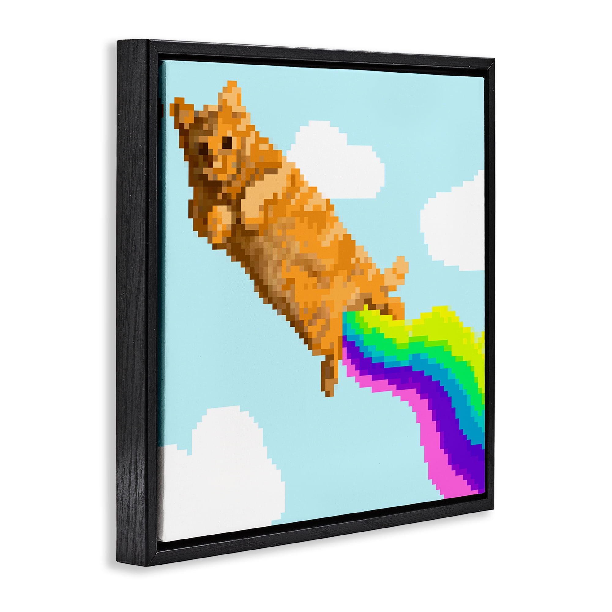 Stupell Industries Flying Rainbow Pixel Cat Animals Painting Black Floater Framed Canvas Art Print Wall Art, 25 x 25