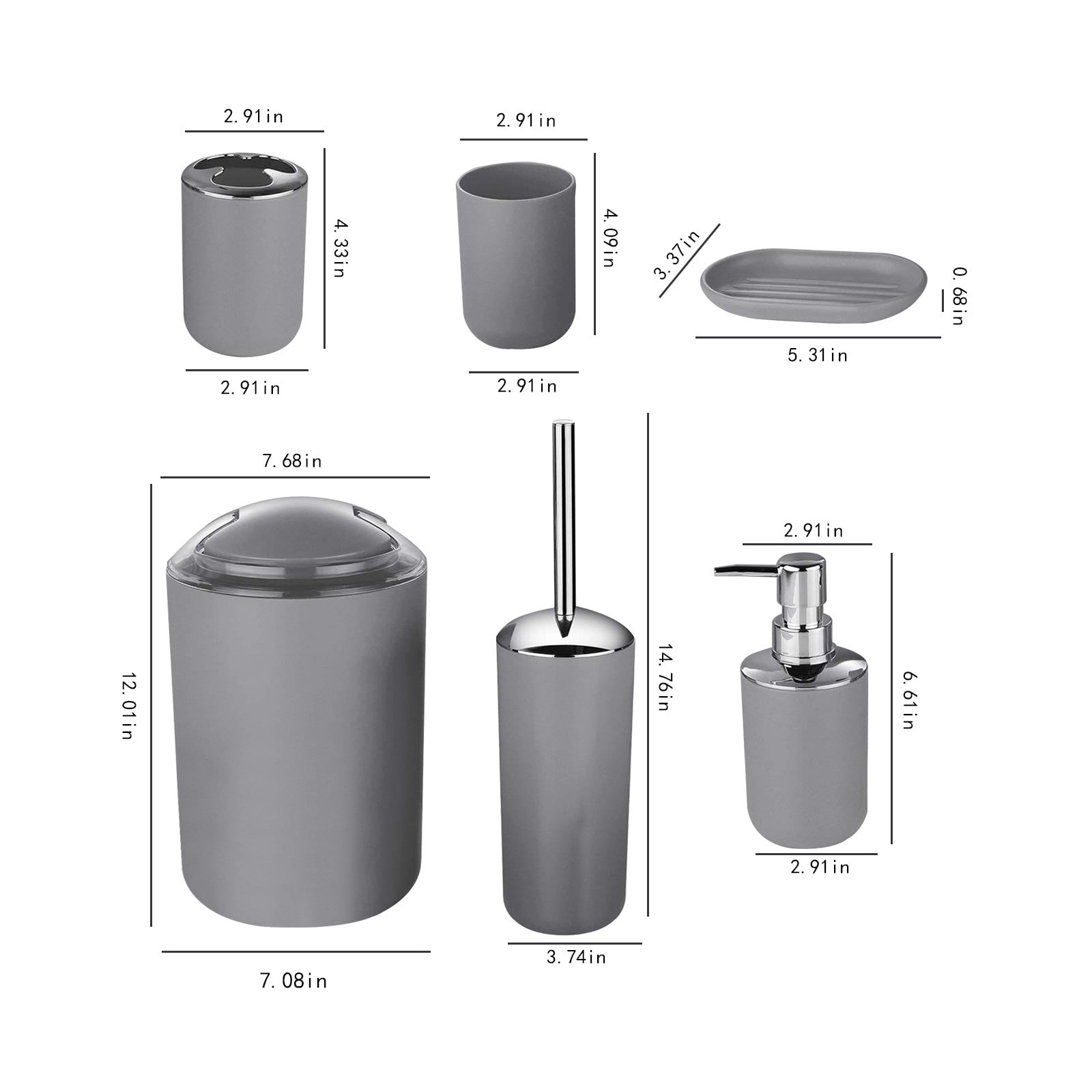ZZkhGO 6-Piece Bathroom Accessory Set, Complete PP Plastic Toilet Brush Soap Dispenser, Organized Kit with Tumbler Trash Can