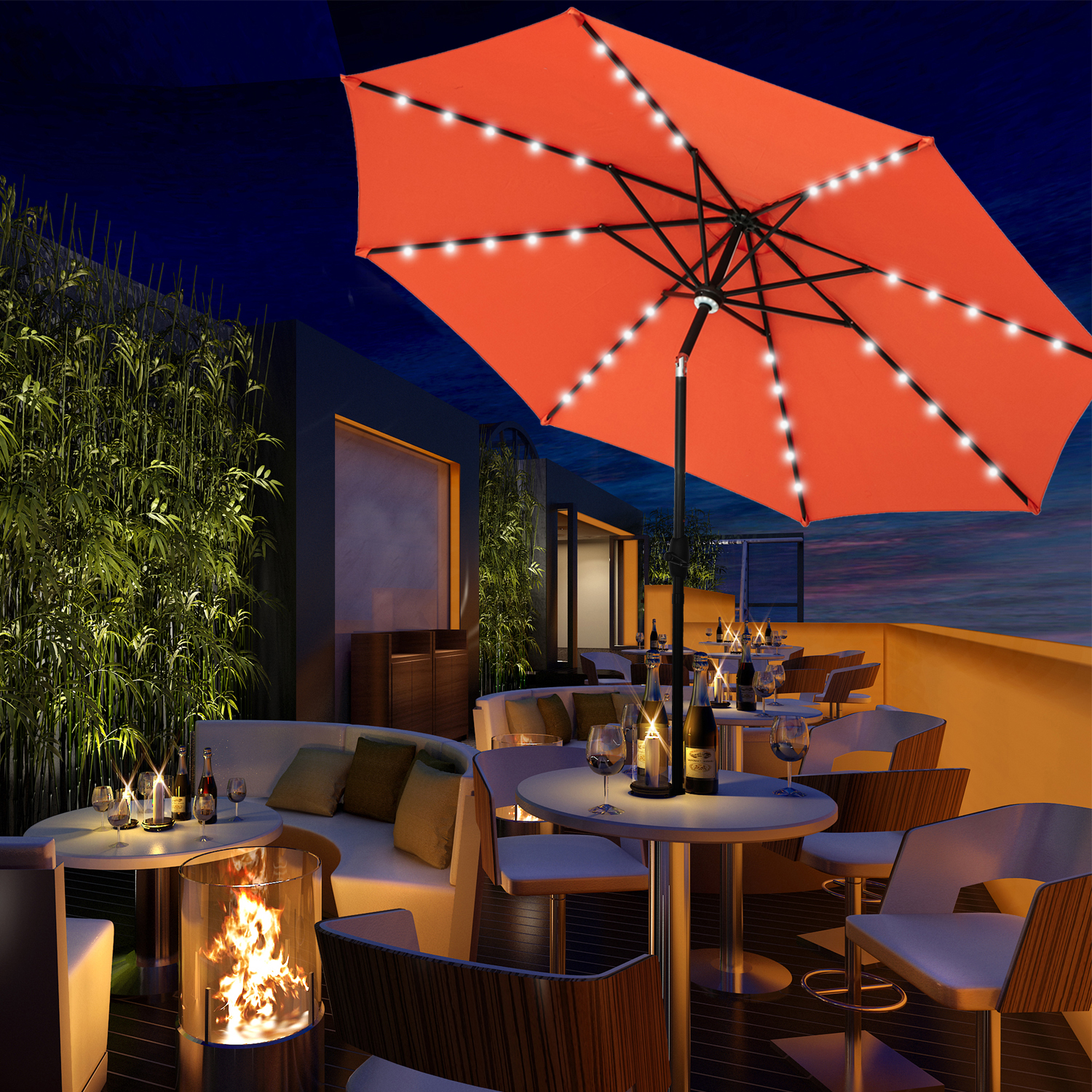 Autlaycil 10ft Patio Umbrella with Solar Lights with Base, 8 Ribs