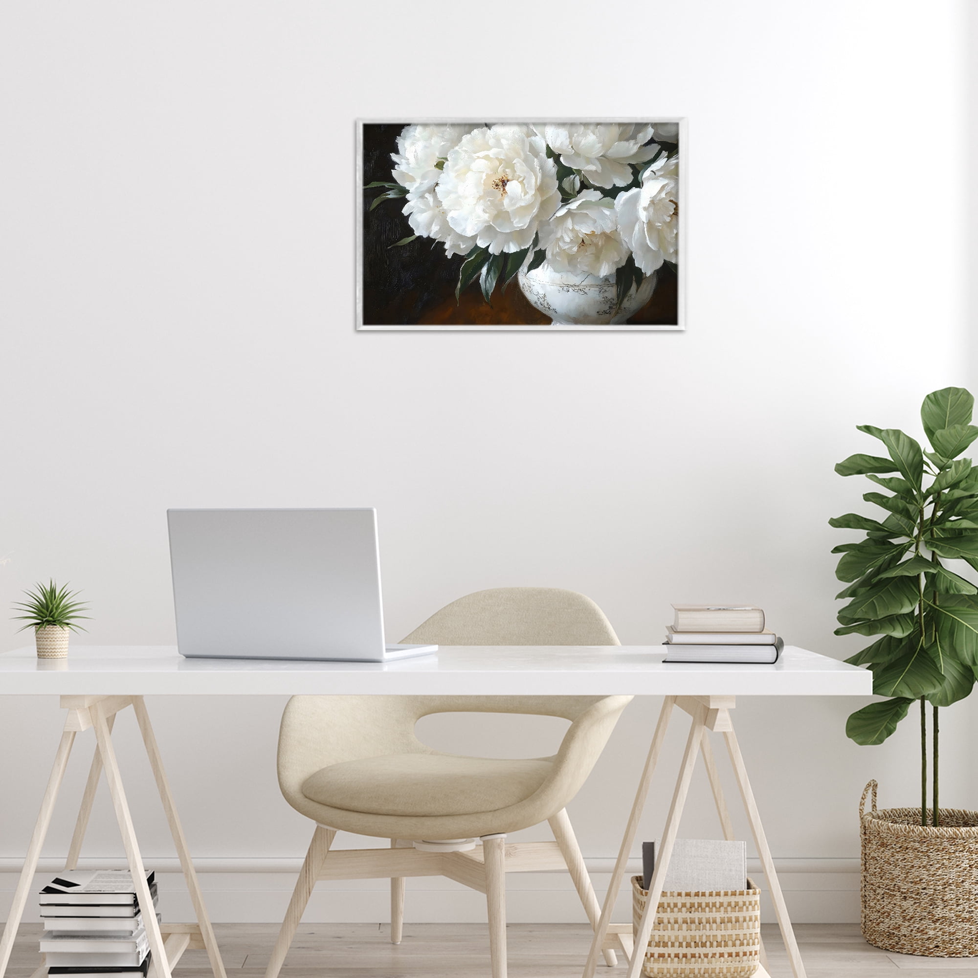 Stupell Industries White Flowers in Vintage Vase White Framed Giclee Art, design by Petal Prints Design