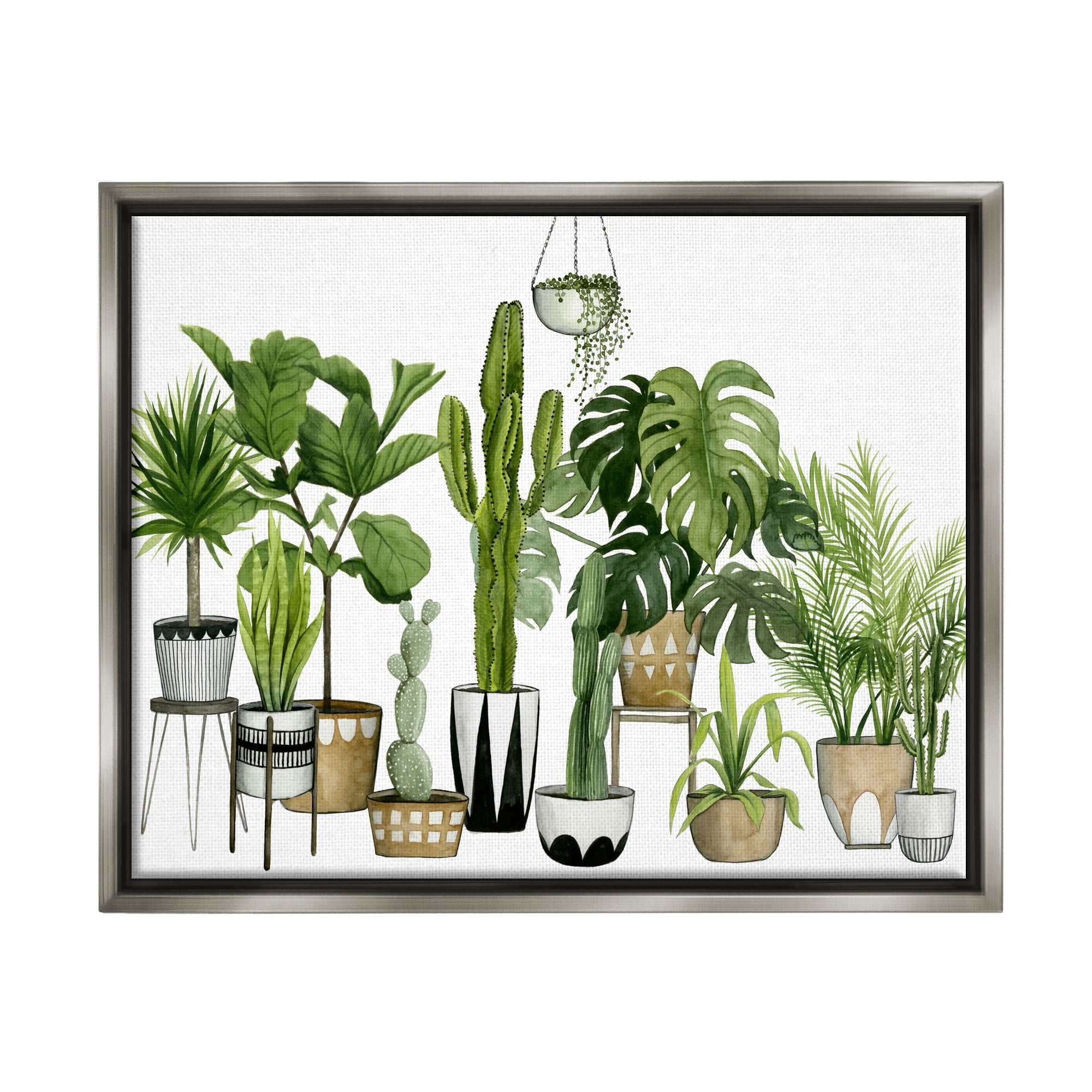 Stupell Industries Boho Plant Scene with Cacti and Succulents in Geometric Pots Watercolor Luster Gray Framed Floating Canvas Wall Art, 16x20, by Grace Popp
