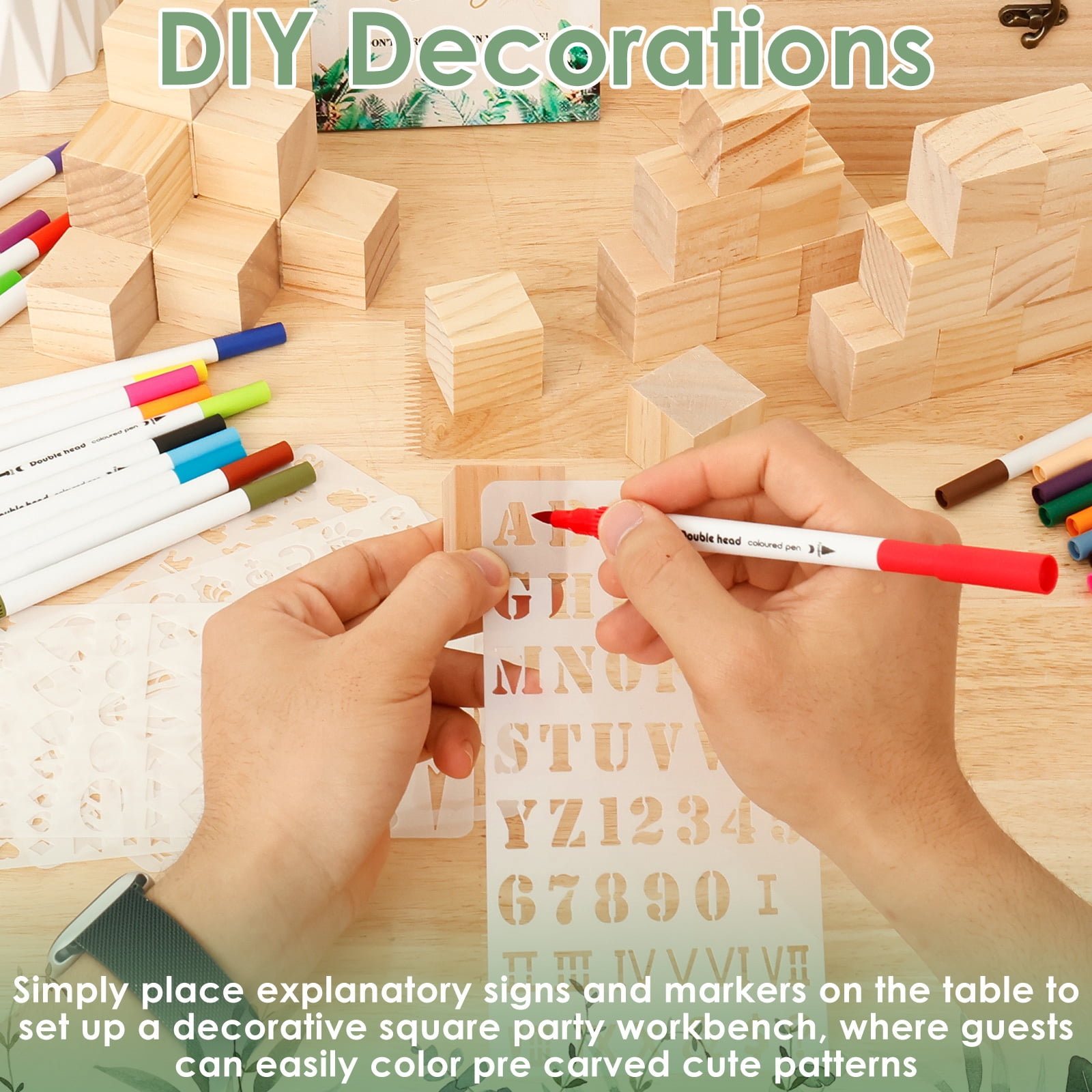 Threns 85Pcs Baby Shower Games Sign Kit, Baby Shower Blocks Game Set with Wooden Box, Acrylic Markers, Wooden Sign for Baby Shower Games, Gender Reveal and Decorations (GreenLeaves)