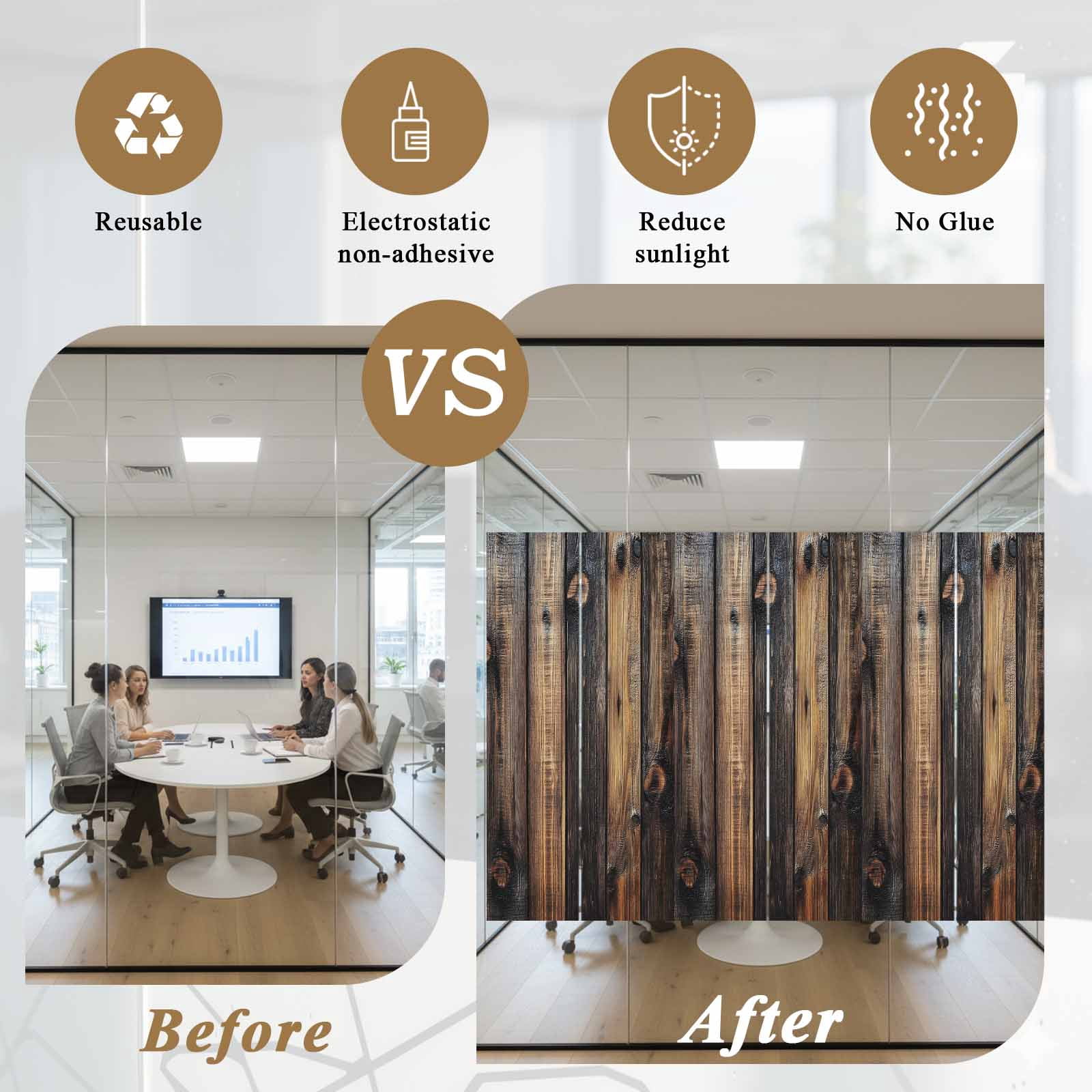 Black Brown Board Window Privacy Film, Vintage Chic Shabby Wooden Grain Static Cling UV Sun Blocking Heat Control Window Tint Day and Night, Non-Adhesive One Way Windows Privacy Cover 23.6''x59''