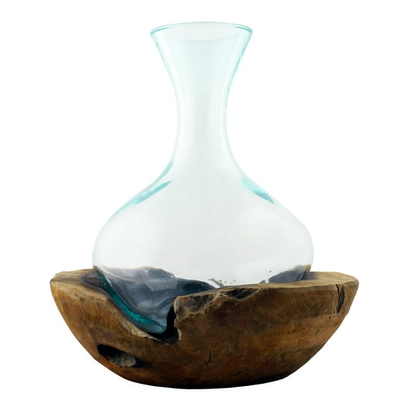 Molten Glass Decanter With Round Teak Base-Approx 14" Tall