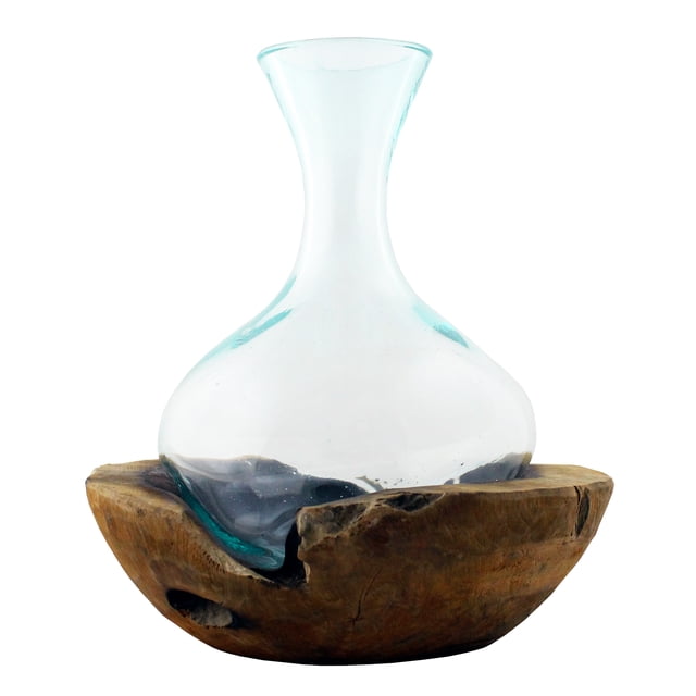 Carafe en Verre Fondu avec Base Ronde en Teck - Hauteur d'Env. 14 Pouces