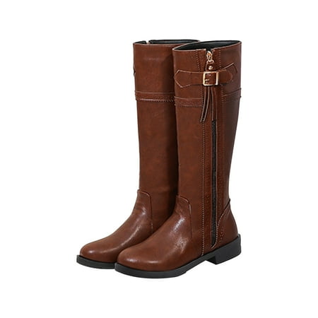 

LnjYIGJ Women s Middle Mid Calf Boots Women Mid Heel Shoes Zip Fringe Belt Buckle Knee High Retro Cowboy Rider Boots