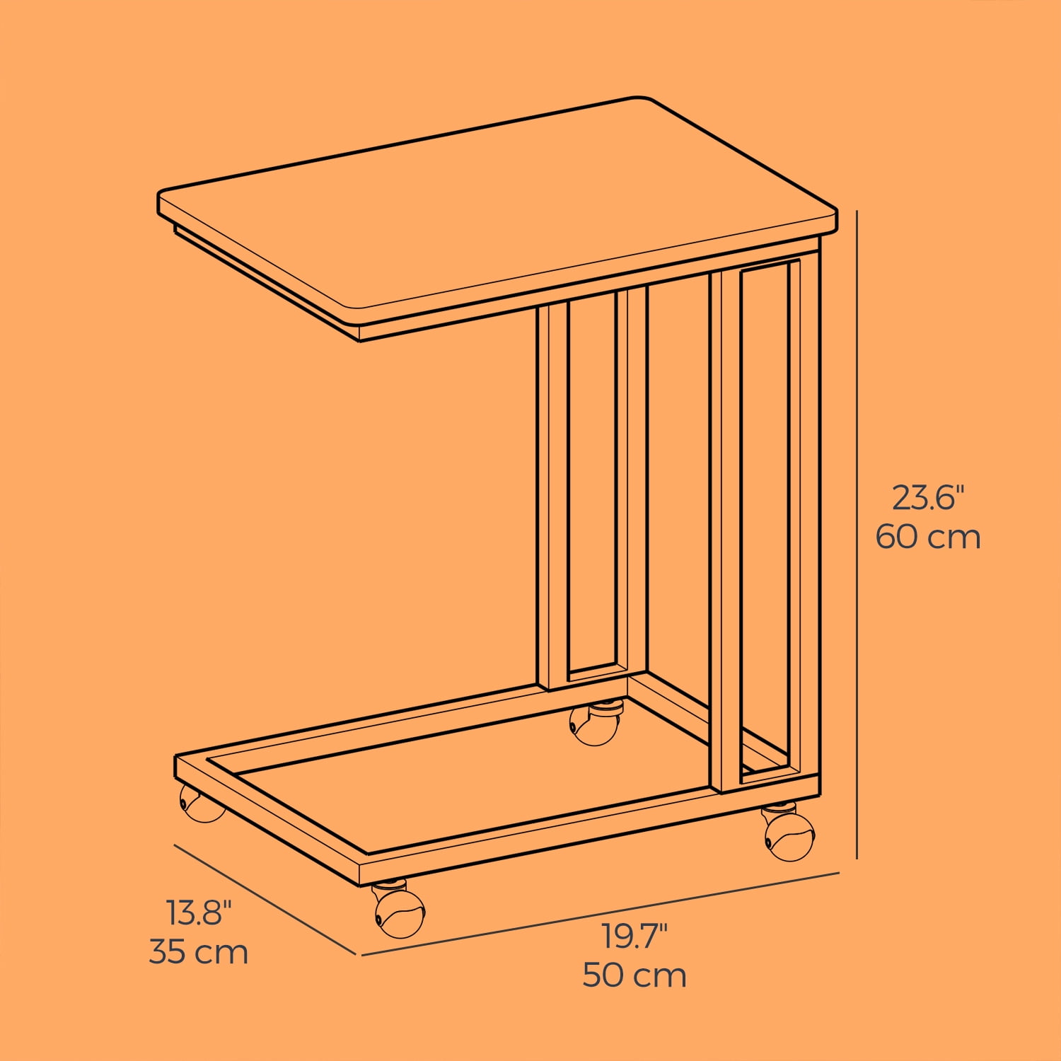 LEDREM C-Shaped End Table with Wheels - Industrial Side Table for Sofa & Bed, Adjustable Height, Rustic Brown and Black