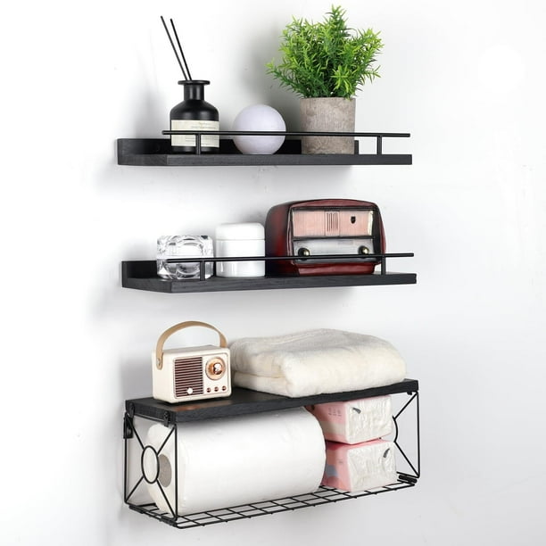 Juego de 3 Repisas Flotantes de Pared, Estantes Flotantes para Baño, Estantes Flotantes Montados Pared con de Papel Higiénico de Metal para Cocina, Dormitorio, Baño, Oficina (Blanco)