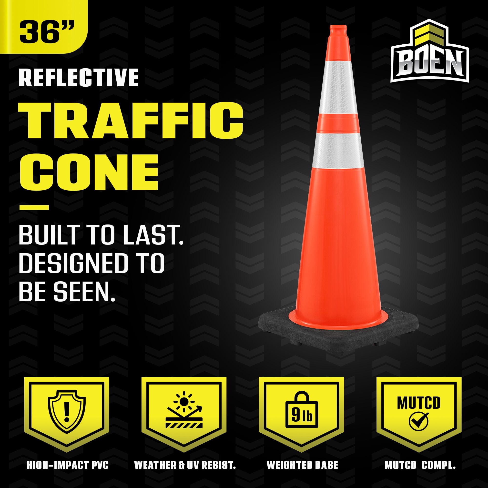 BOEN 36 in Orange Reflective Traffic Cones, 10 lb DOT MUTCD Road Safety, 6 Pack