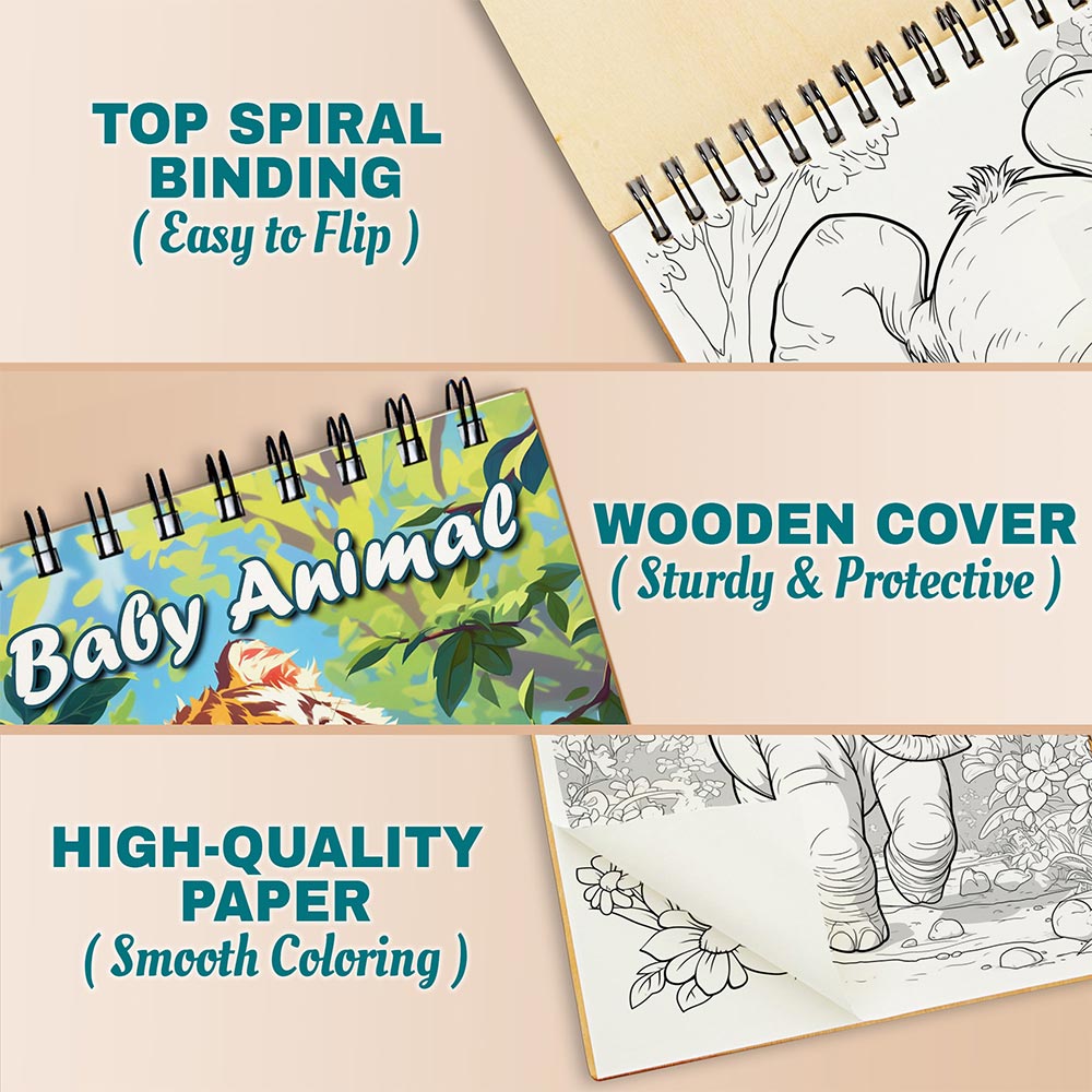 Netecom Baby Animal Coloring Book Spiral Bound for Adults, A5 Wooden Cover, 30 Cuddly Coloring Pages of Forest Animal for Stress Relief and Relaxation