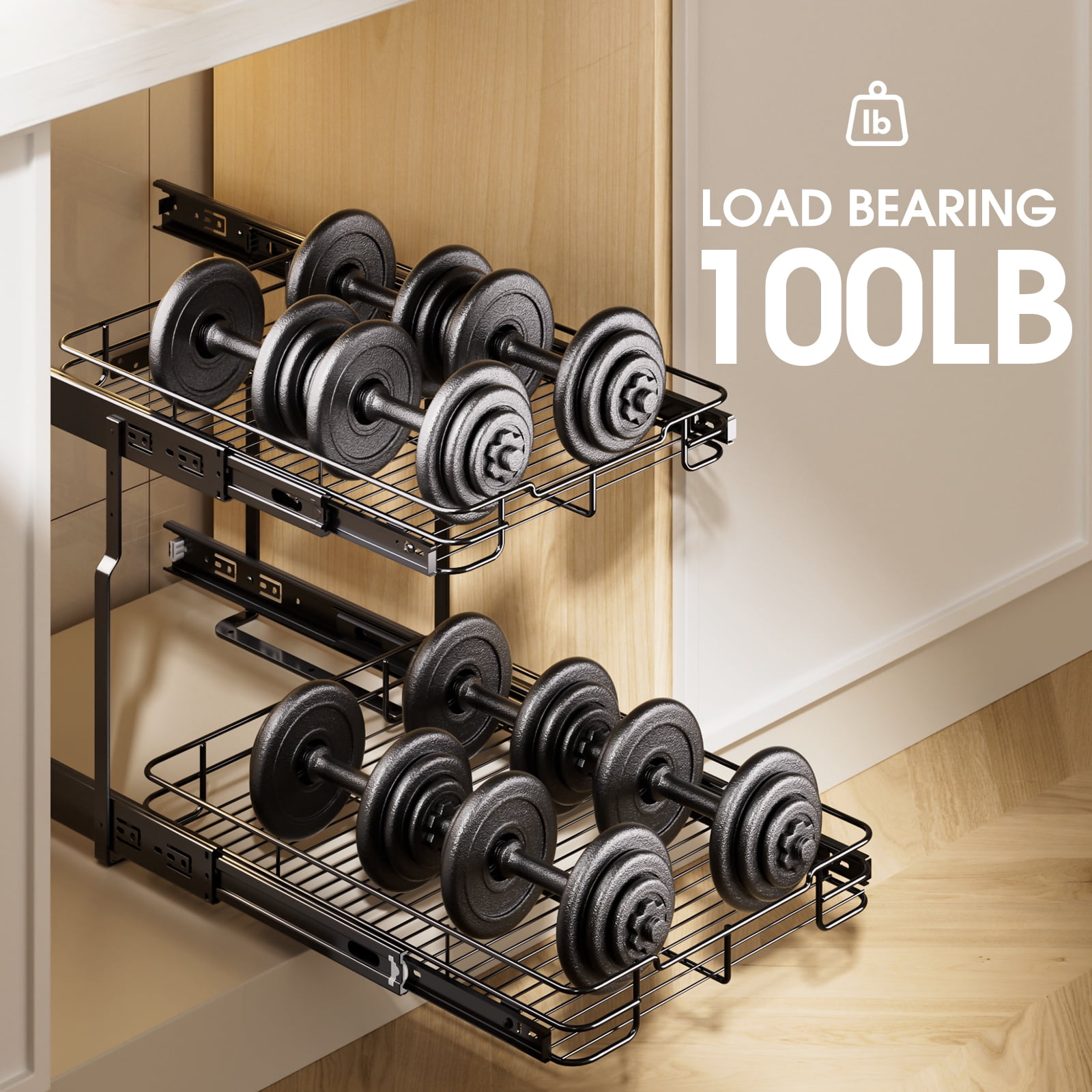 ORDORA 2 Tier Pull Out Cabinet Organizer, Heavy Duty Shelves for Kitchen Bathroom, Slide Out Chrome Steel Shelf Organizer Black