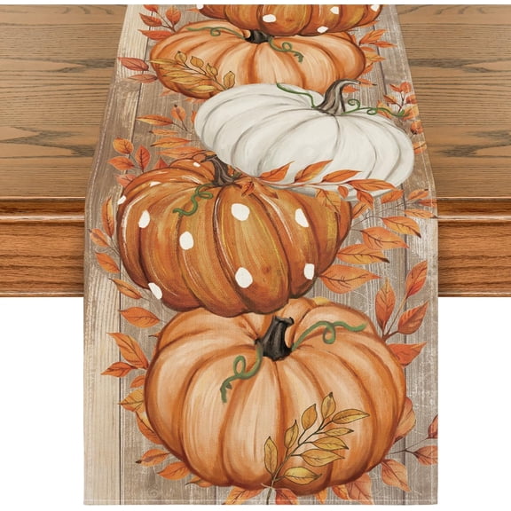 SM-XLHN Orange Polka Dot Pumpkin Eucalyptus Wood Fall Table Runner, Seasonal Autumn Kitchen Dining Table Decoration for Home Party Decor 13x72 Inch
