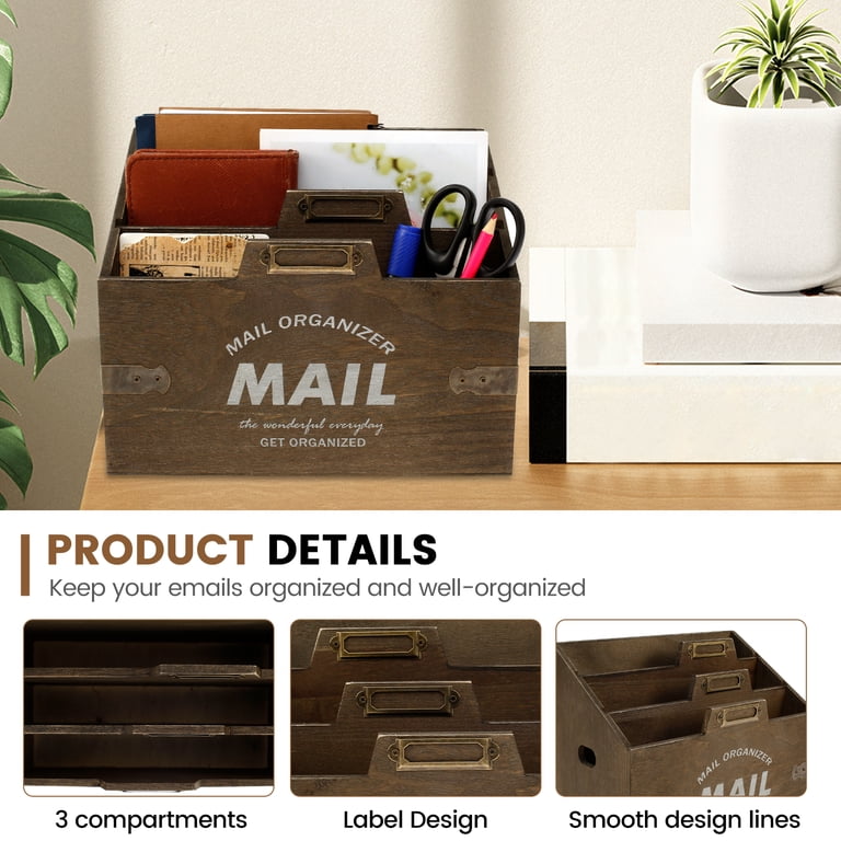 Keyohome Wooden Mail Organizer, 3-Compartment Brown photo 8