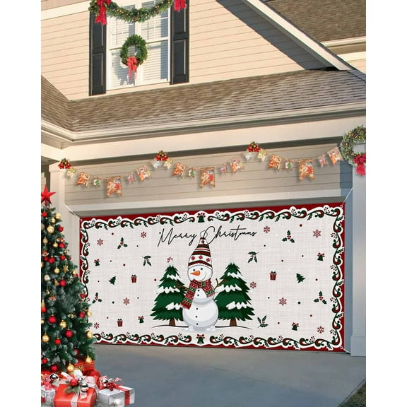 Garage Door Banner Cover 7 x 16 ft, Merry Christmas Snowman Xmas Tree Red Floral Border Christmas Garage Door Decorations Holiday Christmas Backdrop Decor for Winter New Year Xmas Party
