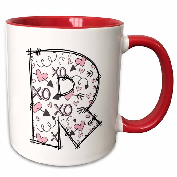 3drose, Pink and Black Hearts Xs and Os Monogram Initial R, 11oz Two-tone Red Mug