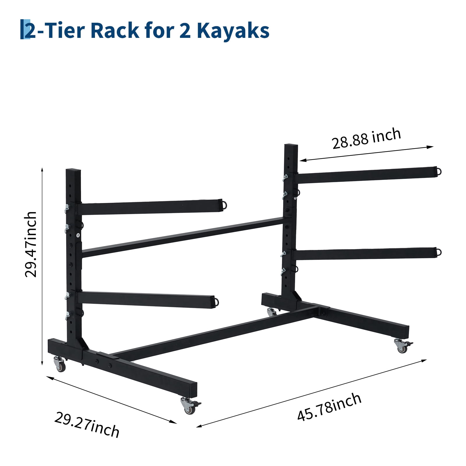 Heavy Duty 2-Tier Freestanding Kayak Storage Rack with Adjustable Wheels – Metal Stand Compatible with Kayaks, Canoes, SUPs, Surfboards – Indoor/Outdoor Garage Organizer, Portable, Rust-Resistant,