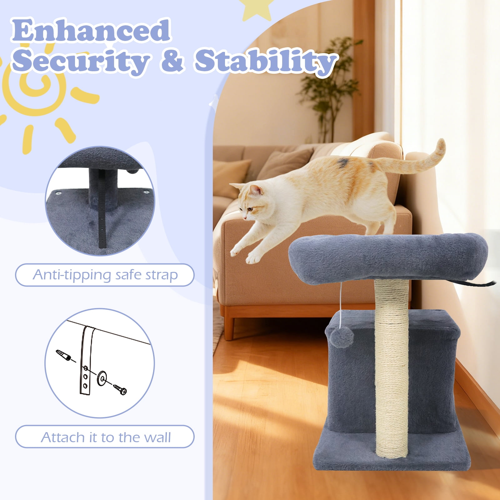 Gymax 19.5'' Small Cat Tree w/Large Padded Plush Perch Condo Sisal Scratching Posts Dark Grey
