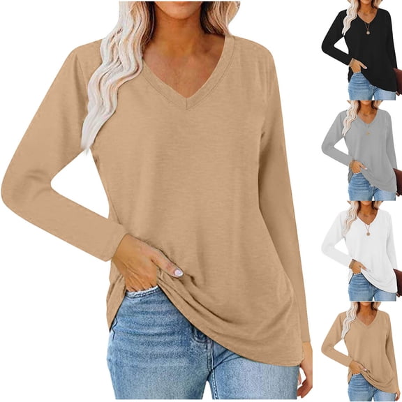 YHAJDS Womens Fall Shirts V Neck Long Sleeve Solid Color Loose Casual T Shirt Tops