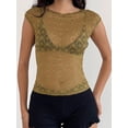 thumbnail image 4 of Womens Mesh Sheer Cap Sleeve Crop Tops Boat Neck See Through Tee Shirts Lace Floral Y2K Layering Top Blouses, 4 of 5