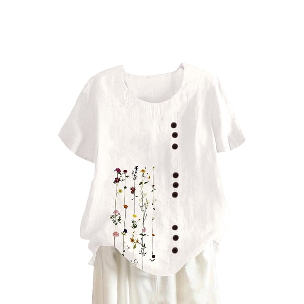 Camisetas de Manga Corta para las Mujeres Botón de Impresión Casual Cuello Redondo Camiseta Superior, Blusas para las Mujeres Casual