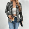 thumbnail image 6 of Tweed Plaid Blazer Jacket for Women Full Sleeve Stand Collar Open Front Cardigan Outerwear Black M, 6 of 6