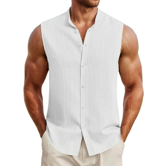 MIXUE Mens Casual Button Down Shirts Solid Color Stank Sleeveless Sports Casual Shirt Tops Streetwear,White,XL
